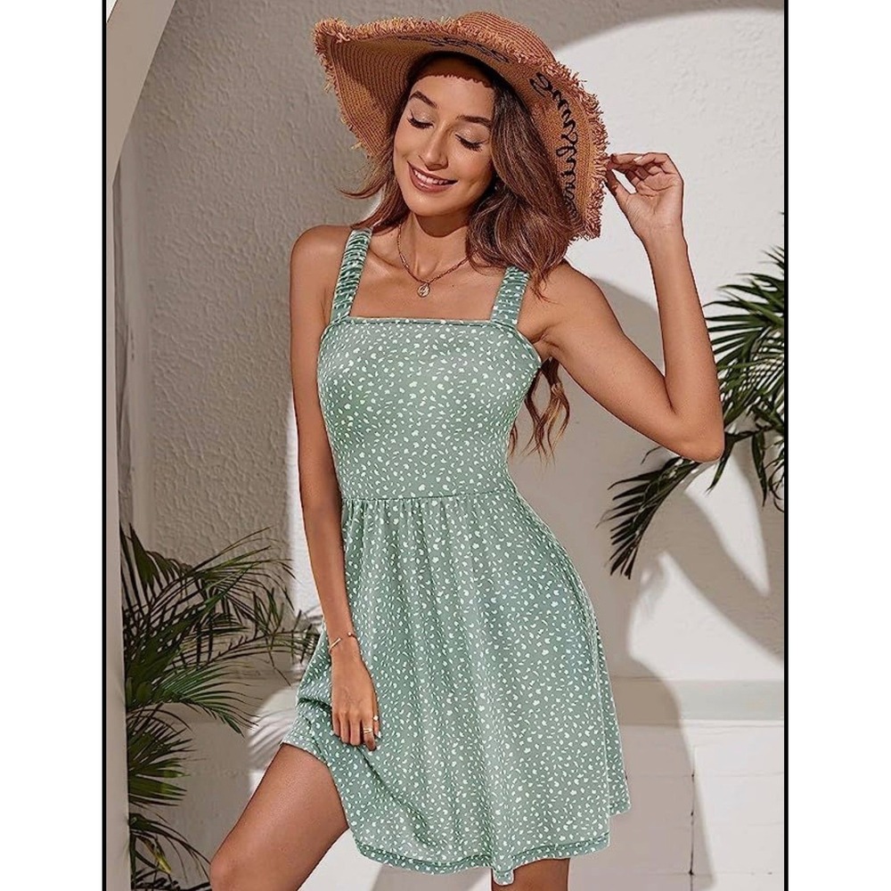 Womens Sage Green White Ditsy Floral Square Neck Smocked Mini Dress XL Coquette